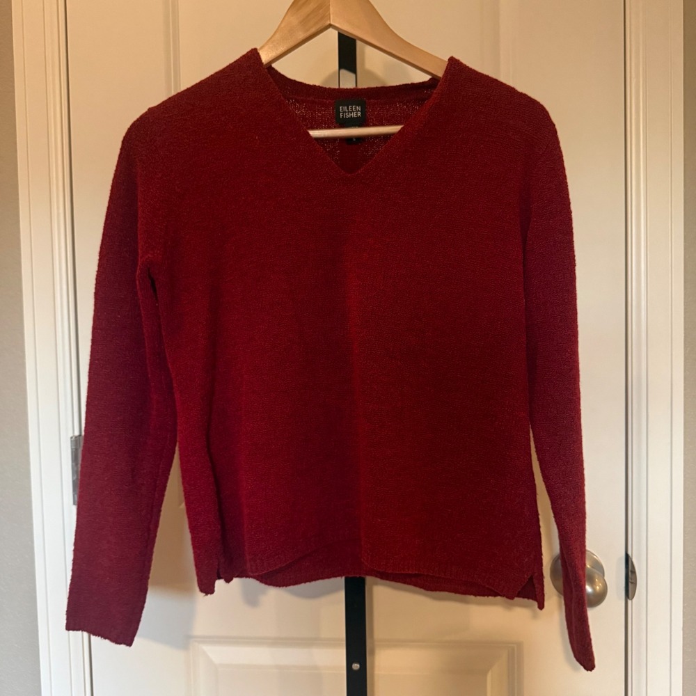 Eileen Fisher‎ Red Merino Wool Blend V-Neck Sweater Women's Size Small